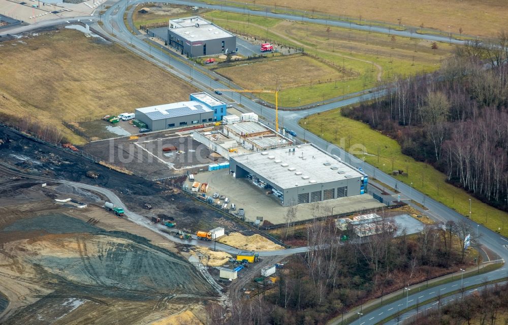 Luftaufnahme Gelsenkirchen - Neubau- Baustelle im Gewerbegebiet im ehemaligen Zechengelände Graf Bismarck im Ortsteil Bismarck in Gelsenkirchen im Bundesland Nordrhein-Westfalen