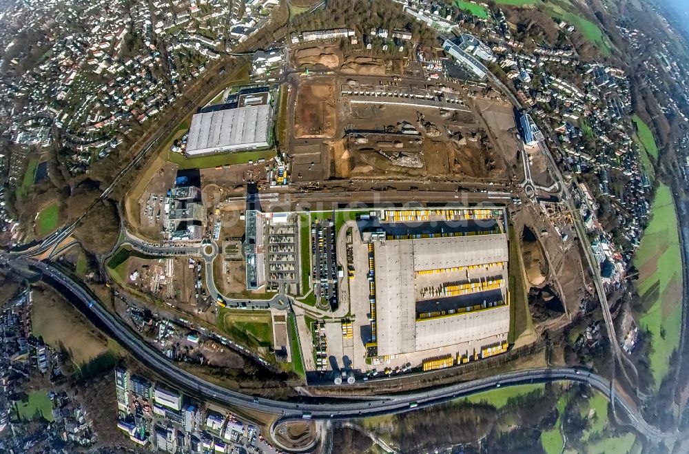 Bochum von oben - Neubau- Baustelle im Gewerbegebiet Entwicklungsgebiet MARK 517 mit Blick auf Abrißarbeiten auf dem Gelände der Industrie- Ruine am Opelring in Bochum im Bundesland Nordrhein-Westfalen, Deutschland