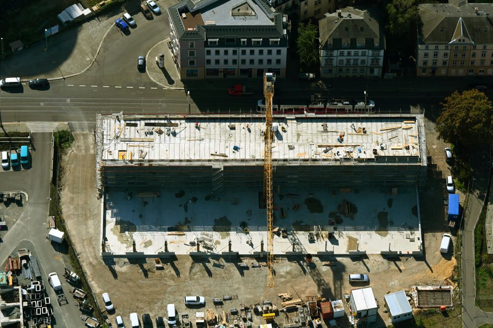 Dresden aus der Vogelperspektive: Neubau- Baustelle im Gewerbegebiet - Gewerbehof im Ortsteil Löbtau in Dresden im Bundesland Sachsen, Deutschland