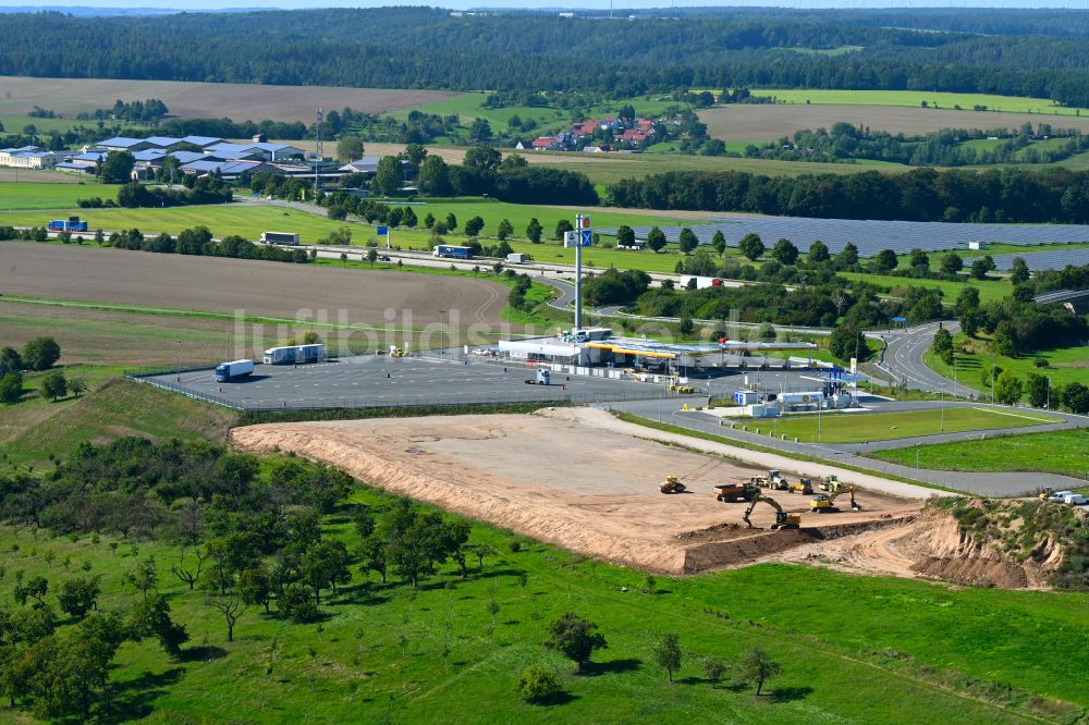 Pörsdorf aus der Vogelperspektive: Neubau- Baustelle im Gewerbegebiet Am Rüdersdorfer Weg in Pörsdorf im Bundesland Thüringen, Deutschland