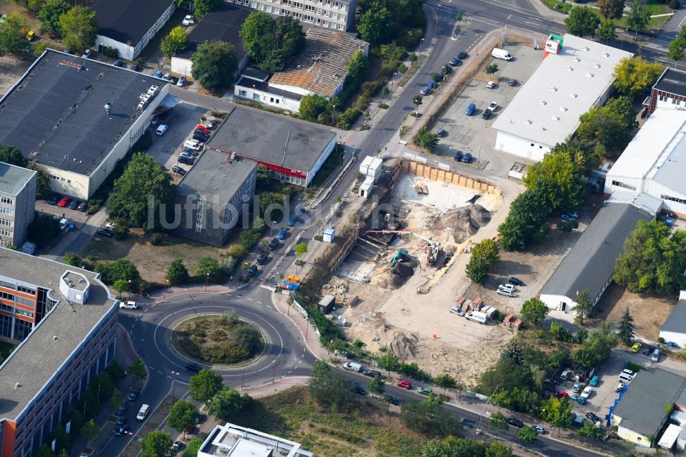 Luftbild Teltow - Neubau- Baustelle im Gewerbegebiet Rheinstraße Ecke Neißestraße in Teltow im Bundesland Brandenburg, Deutschland