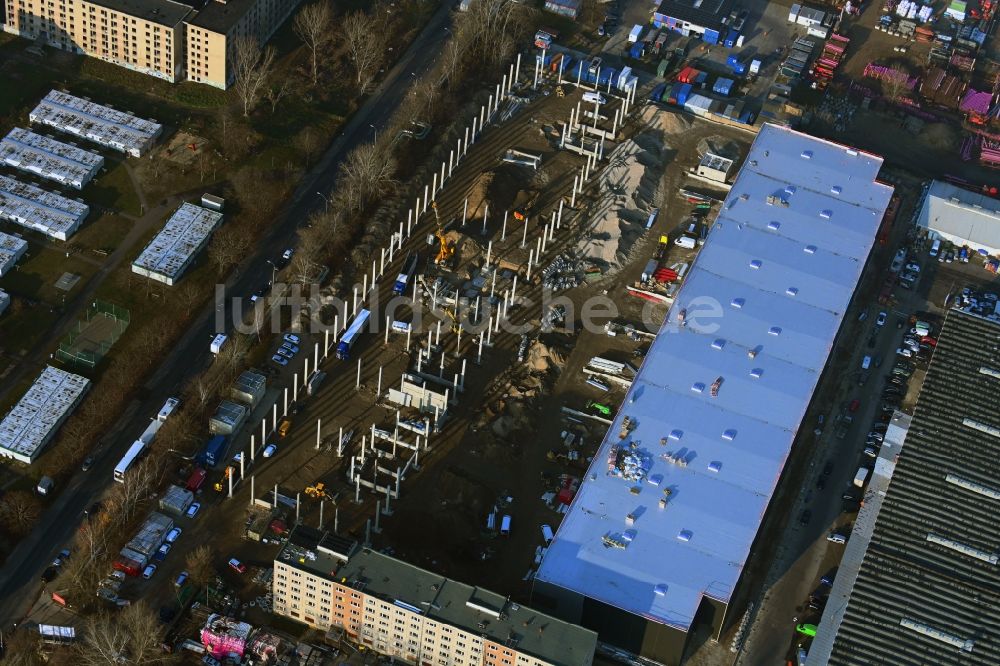 Berlin von oben - Neubau- Baustelle im Gewerbegebiet Wollenberger Straße im Ortsteil Hohenschönhausen in Berlin, Deutschland