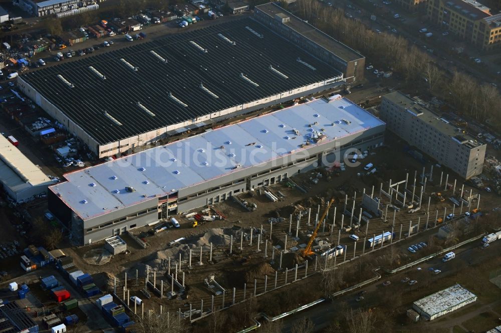 Berlin von oben - Neubau- Baustelle im Gewerbegebiet Wollenberger Straße im Ortsteil Hohenschönhausen in Berlin, Deutschland