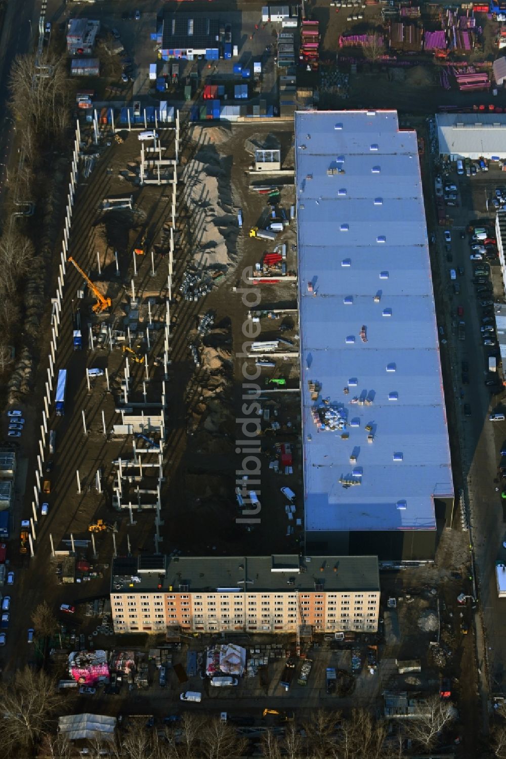 Berlin von oben - Neubau- Baustelle im Gewerbegebiet Wollenberger Straße im Ortsteil Hohenschönhausen in Berlin, Deutschland