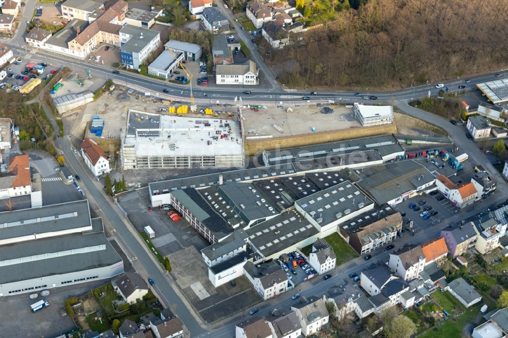 Luftbild Arnsberg - Neubau - Baustelle im Gewerbegebiet zwischen der Straße Lange Wende und der Stembergstraße im Ortsteil Neheim in Arnsberg im Bundesland Nordrhein-Westfalen, Deutschland