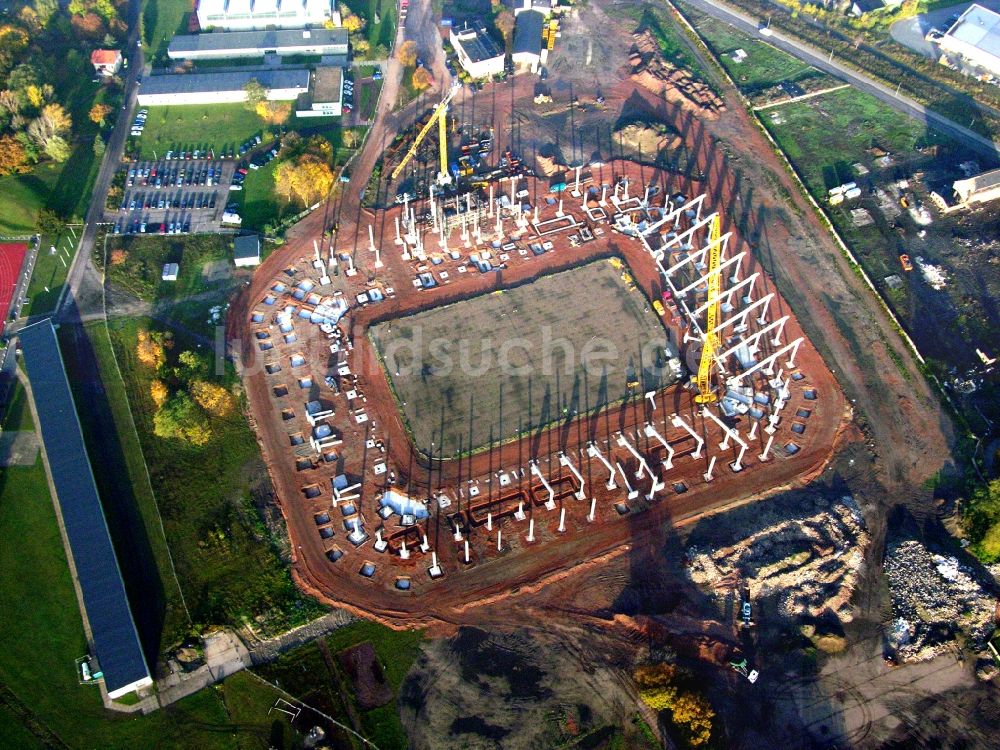 Luftaufnahme Magdeburg - Neubau- Baustelle Sportstätten-Gelände der MDCC-Arena in Magdeburg im Bundesland Sachsen-Anhalt