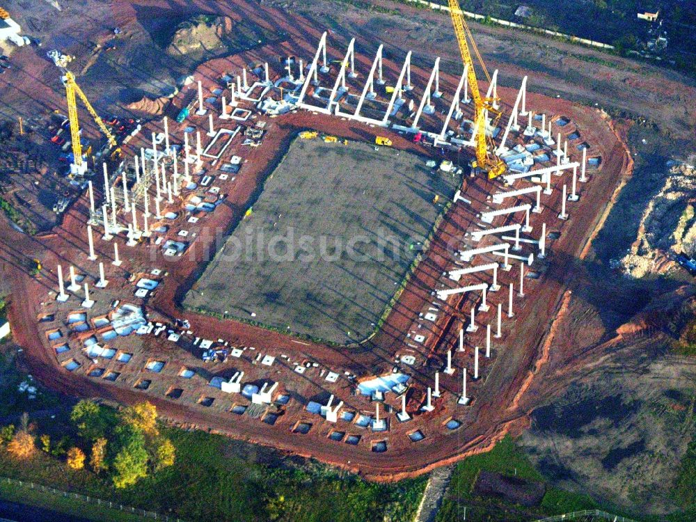 Magdeburg aus der Vogelperspektive: Neubau- Baustelle Sportstätten-Gelände der MDCC-Arena in Magdeburg im Bundesland Sachsen-Anhalt