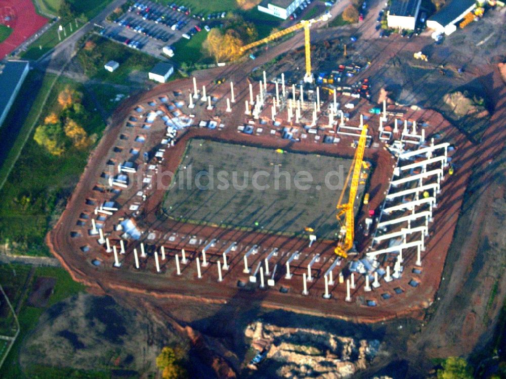 Luftaufnahme Magdeburg - Neubau- Baustelle Sportstätten-Gelände der MDCC-Arena in Magdeburg im Bundesland Sachsen-Anhalt