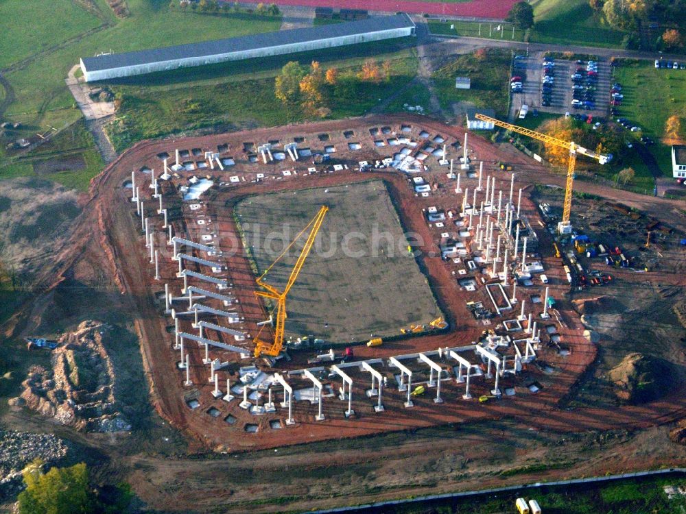 Magdeburg aus der Vogelperspektive: Neubau- Baustelle Sportstätten-Gelände der MDCC-Arena in Magdeburg im Bundesland Sachsen-Anhalt