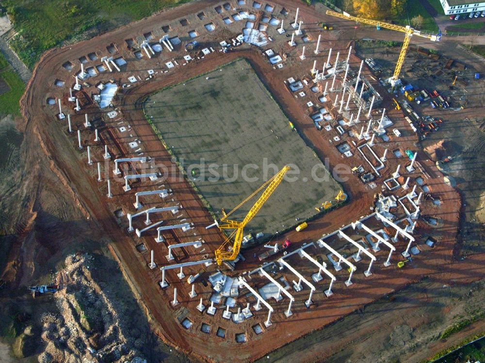 Magdeburg aus der Vogelperspektive: Neubau- Baustelle Sportstätten-Gelände der MDCC-Arena in Magdeburg im Bundesland Sachsen-Anhalt