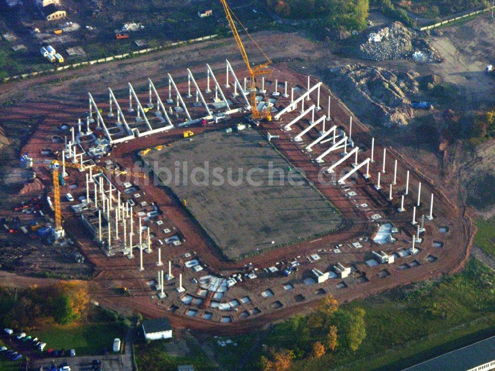 Magdeburg aus der Vogelperspektive: Neubau- Baustelle Sportstätten-Gelände der MDCC-Arena in Magdeburg im Bundesland Sachsen-Anhalt