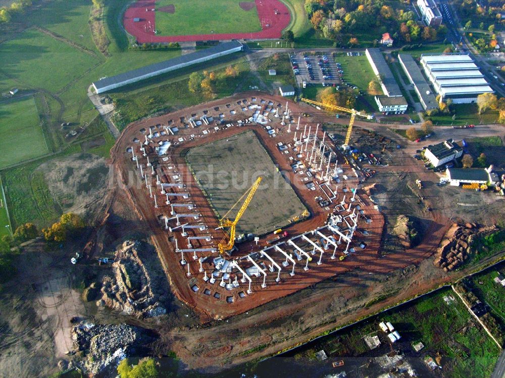 Luftaufnahme Magdeburg - Neubau- Baustelle Sportstätten-Gelände der MDCC-Arena in Magdeburg im Bundesland Sachsen-Anhalt