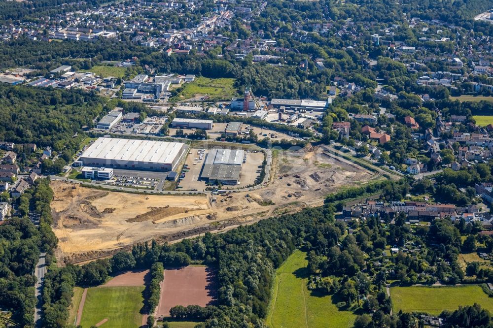 Bochum von oben - Neubau - Baustelle auf dem Werksgelände der BROCK Kehrtechnik GmbH in Bochum im Bundesland Nordrhein-Westfalen, Deutschland