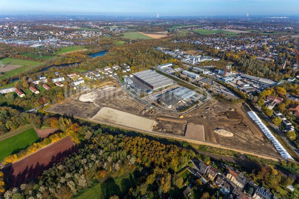 Bochum von oben - Neubau - Baustelle auf dem Werksgelände der BROCK Kehrtechnik GmbH in Bochum im Bundesland Nordrhein-Westfalen, Deutschland