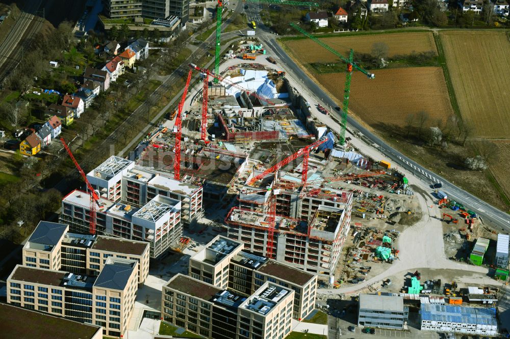 Kornwestheim von oben - Neubau - Baustelle auf dem Werksgelände des Wüstenrot-Campus der Wüstenrot & Württembergische AG an der Hohenzollernstraße in Kornwestheim im Bundesland Baden-Württemberg, Deutschland