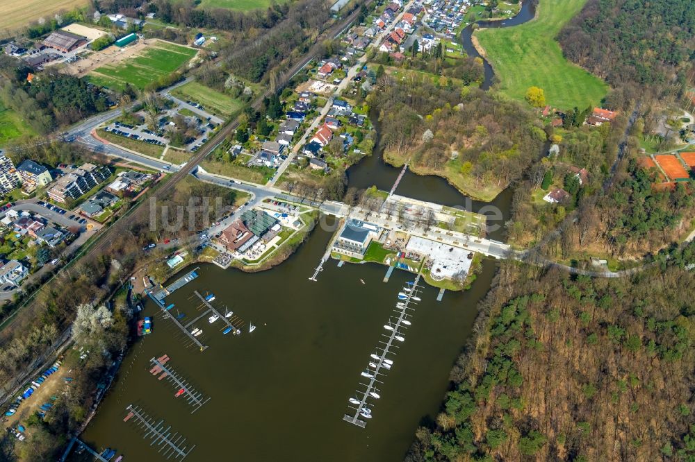 Haltern am See aus der Vogelperspektive: Neubau der Bootshausgesellschaft Strandallee GmbH & CO. KG an der Stadtmühlenbucht am Ufer des Mühlenbach in Haltern am See im Bundesland Nordrhein-Westfalen, Deutschland