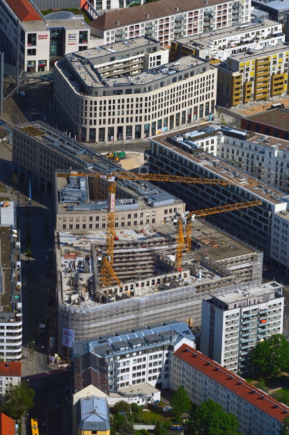 Dresden von oben - Neubau eines Büro- und Geschäftshauses der Annenhöfe im Ortsteil Wilsdruffer Vorstadt in Dresden im Bundesland Sachsen, Deutschland