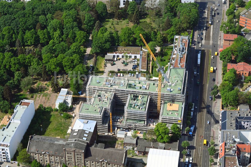 Berlin aus der Vogelperspektive: Neubau eines Büro- und Geschäftshauses auf dem Gelände des ehemaligen Filmtheater und Kino- Gebäudes UCI an der Landsberger Allee in Berlin, Deutschland