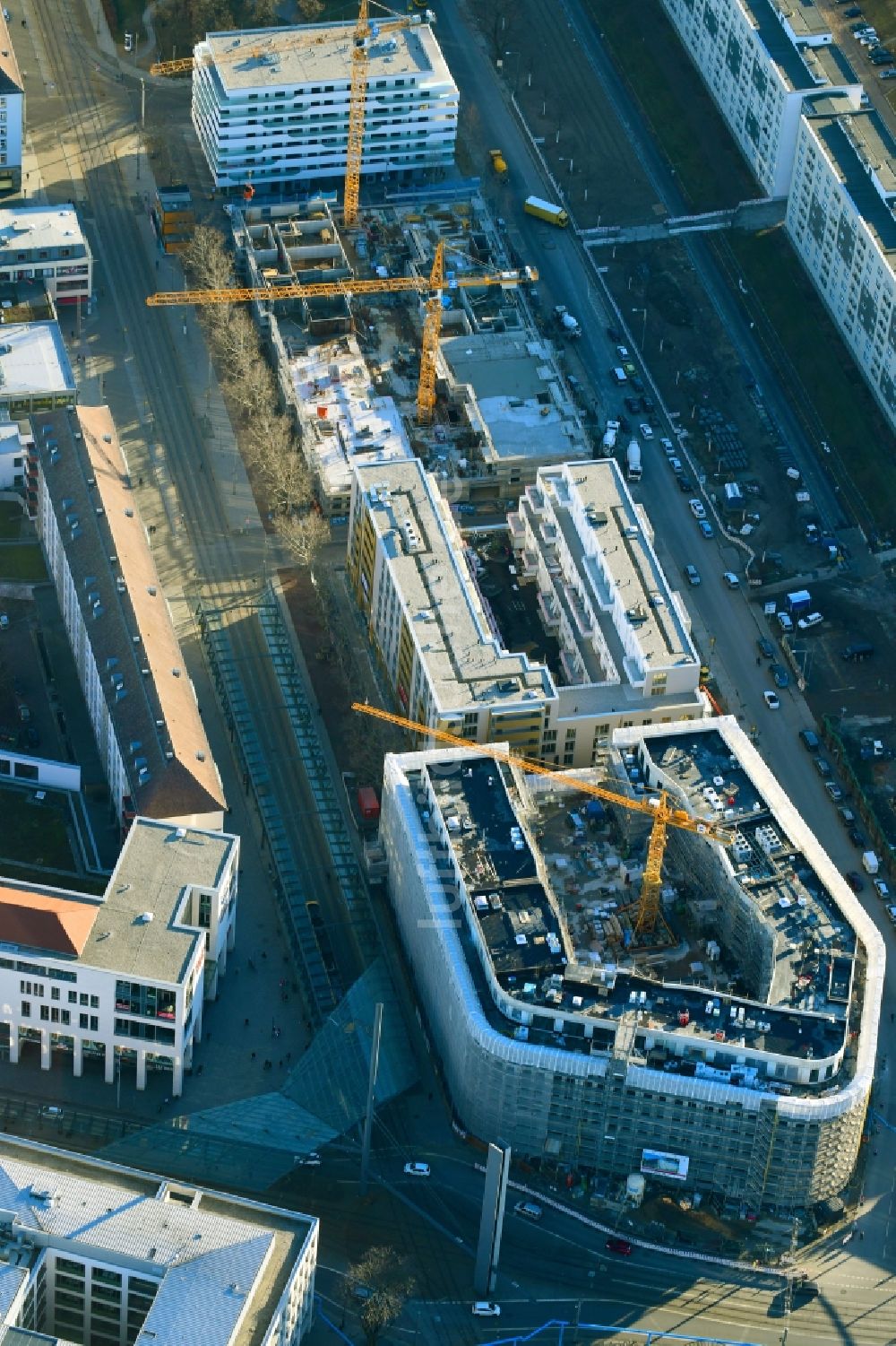 Dresden aus der Vogelperspektive: Neubau eines Büro- und Geschäftshauses Haus Postplatz im Ortsteil Wilsdruffer Vorstadt in Dresden im Bundesland Sachsen, Deutschland