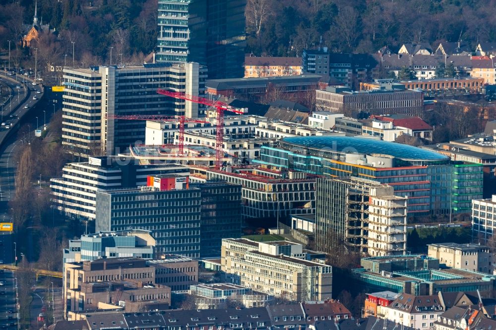 Düsseldorf aus der Vogelperspektive: Neubau eines Büro- und Geschäftshauses Infinity Office in Düsseldorf im Bundesland Nordrhein-Westfalen, Deutschland