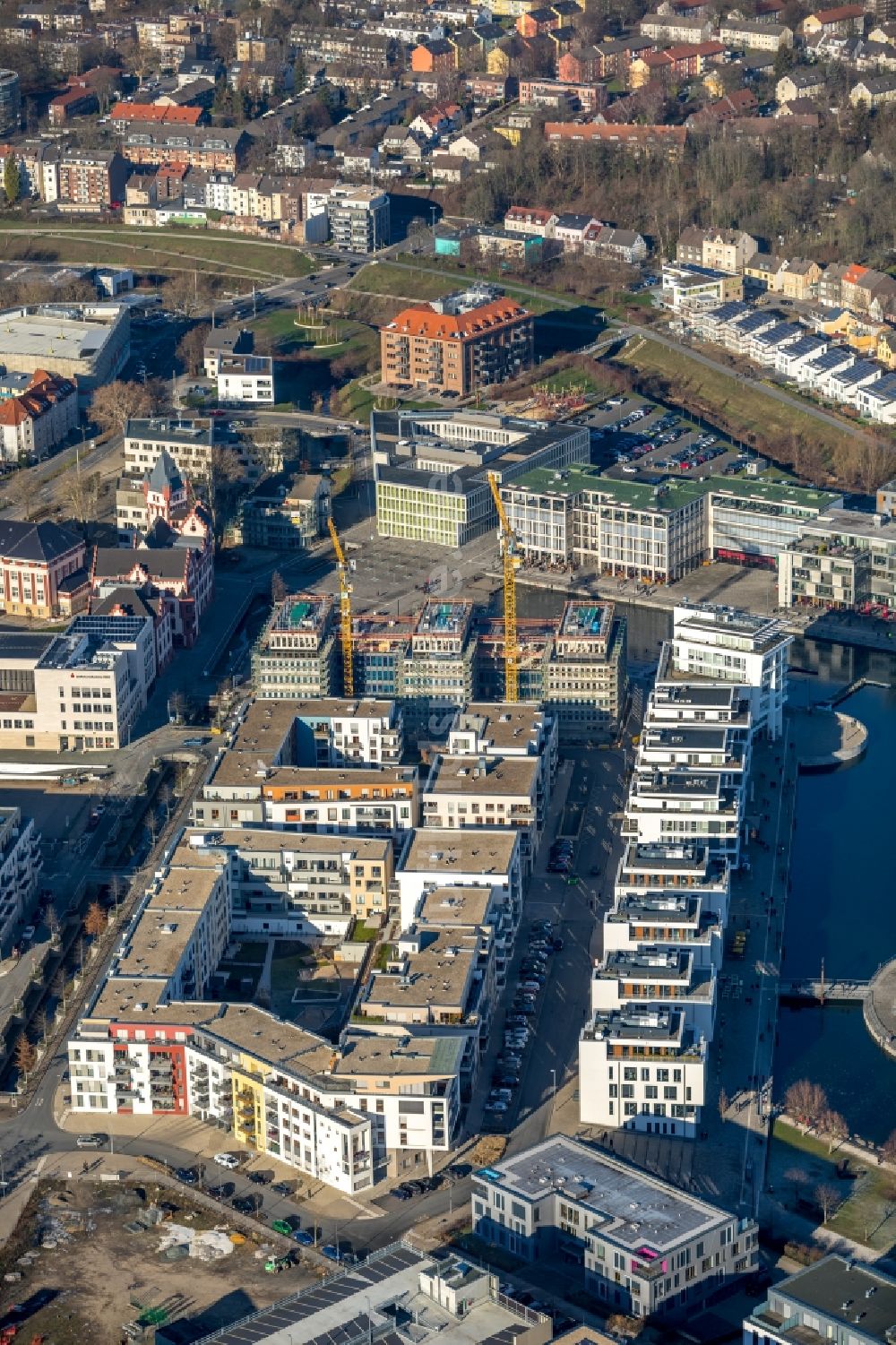 Dortmund von oben - Neubau eines Büro- und Geschäftshauses Kontor am Kai in Dortmund im Bundesland Nordrhein-Westfalen, Deutschland