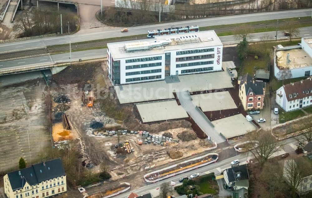 Luftaufnahme Bochum - Neubau eines Büro- und Geschäftshauses office 51°7 der Goldbeck West GmbH im Ortsteil Laer in Bochum im Bundesland Nordrhein-Westfalen, Deutschland