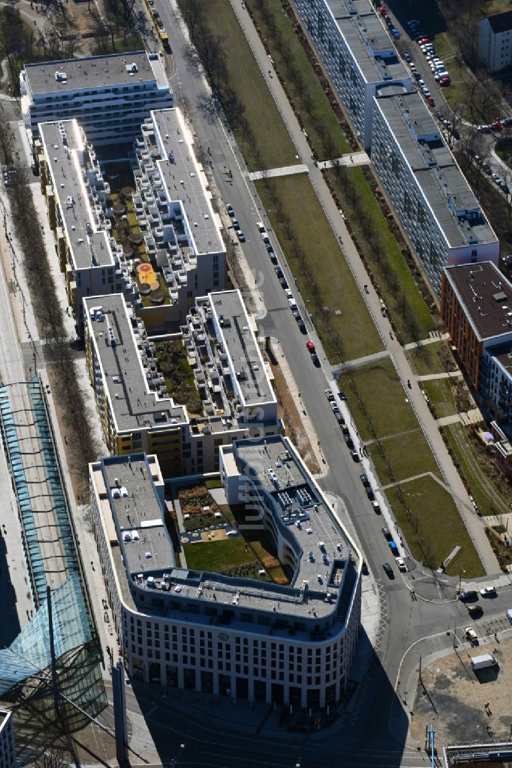 Dresden aus der Vogelperspektive: Neubau eines Büro- und Geschäftshauses im Ortsteil Wilsdruffer Vorstadt in Dresden im Bundesland Sachsen, Deutschland