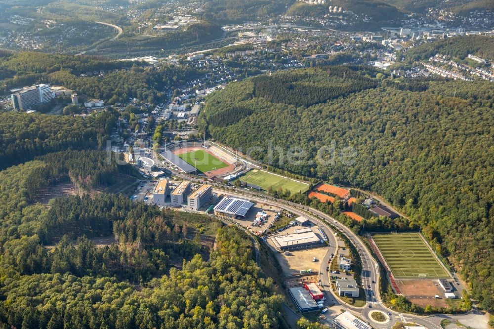 Siegen von oben - Neubau eines Büro- und Geschäftshauses Summit in Siegen im Bundesland Nordrhein-Westfalen, Deutschland