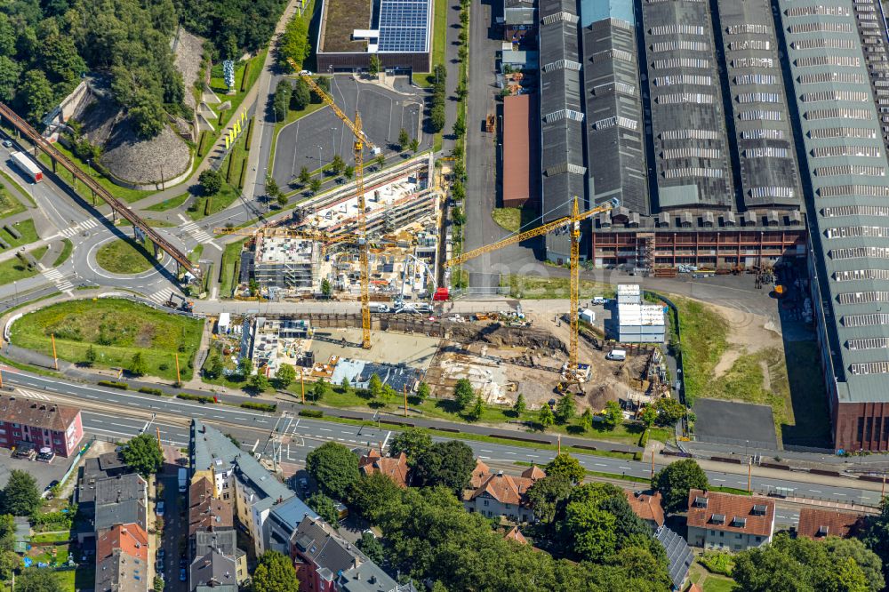 Luftaufnahme Bochum - Neubau eines Büro- und Geschäftshauses TRIUM - An der Jahrhunderthalle in Bochum im Bundesland Nordrhein-Westfalen, Deutschland