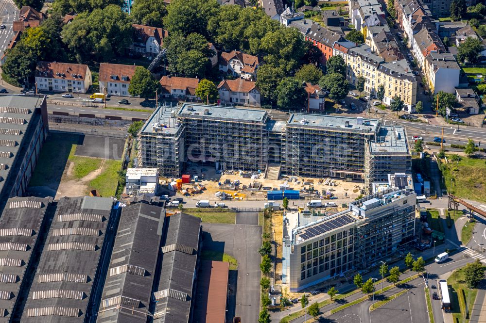 Luftaufnahme Bochum - Neubau eines Büro- und Geschäftshauses TRIUM - An der Jahrhunderthalle in Bochum im Bundesland Nordrhein-Westfalen, Deutschland