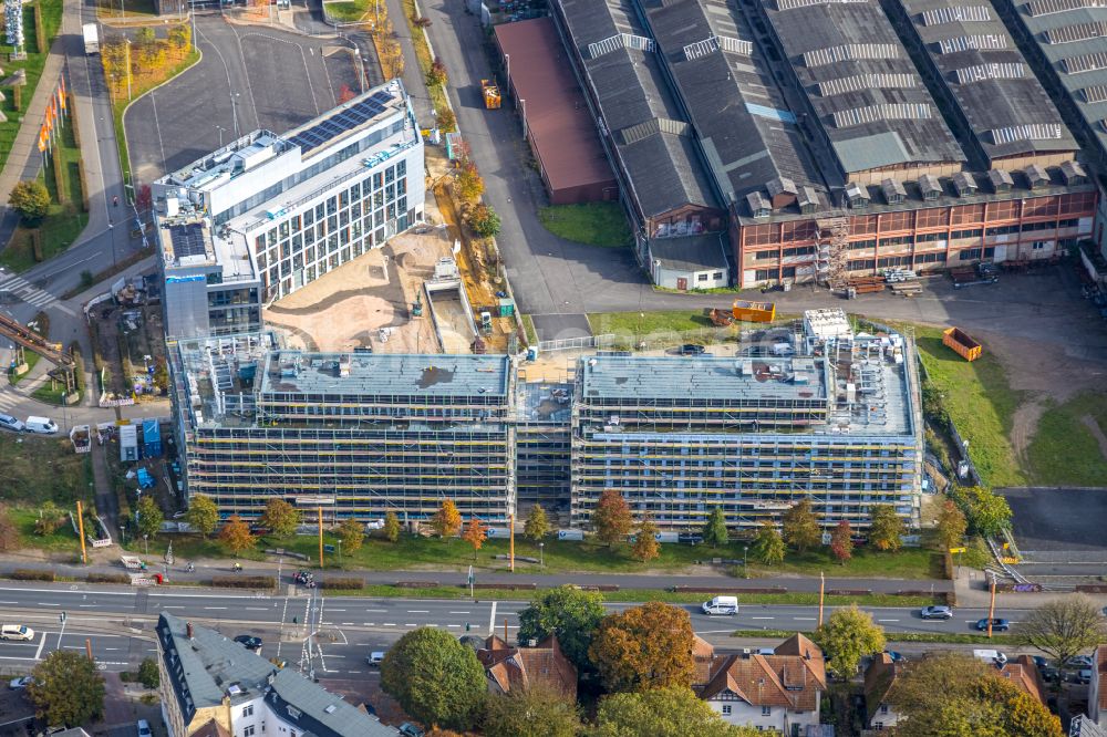 Luftaufnahme Bochum - Neubau eines Büro- und Geschäftshauses TRIUM - An der Jahrhunderthalle in Bochum im Bundesland Nordrhein-Westfalen, Deutschland