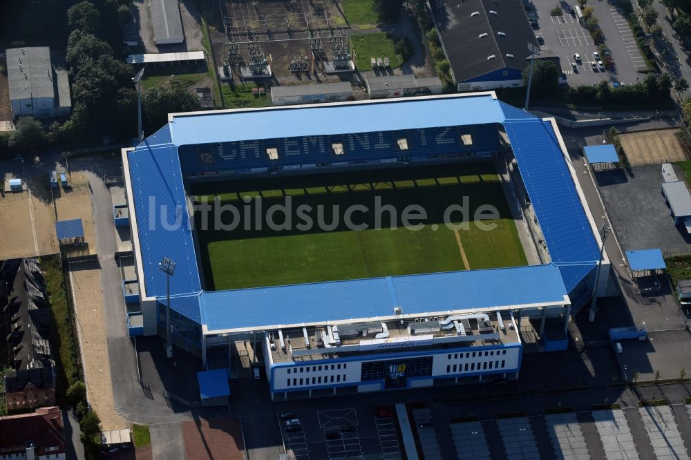 Chemnitz von oben - Neubau des community4you ARENA - CFC - Stadion in Chemnitz im Bundesland Sachsen