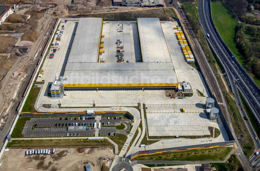 Bochum aus der Vogelperspektive: Neubau eines DHL- Hub- Gebäudekomplexes auf dem Gelände des Logistikzentrums im Entwicklungsgebiet MARK 51°7 in Bochum im Bundesland Nordrhein-Westfalen, Deutschland