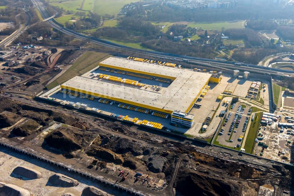 Bochum von oben - Neubau eines DHL- Hub- Gebäudekomplexes auf dem Gelände des Logistikzentrums im Entwicklungsgebiet MARK 51°7 in Bochum im Bundesland Nordrhein-Westfalen, Deutschland