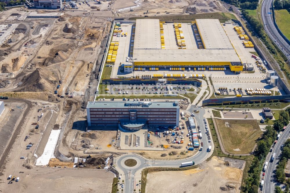 Luftaufnahme Bochum - Neubau eines DHL- Hub- Gebäudekomplexes auf dem Gelände des Logistikzentrums im Entwicklungsgebiet MARK 51°7 in Bochum im Bundesland Nordrhein-Westfalen, Deutschland