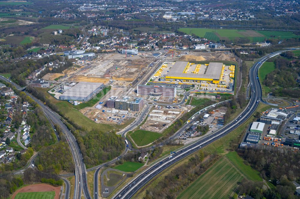 Bochum aus der Vogelperspektive: Neubau eines DHL- Hub- Gebäudekomplexes auf dem Gelände des Logistikzentrums im Entwicklungsgebiet MARK 51°7 in Bochum im Bundesland Nordrhein-Westfalen, Deutschland