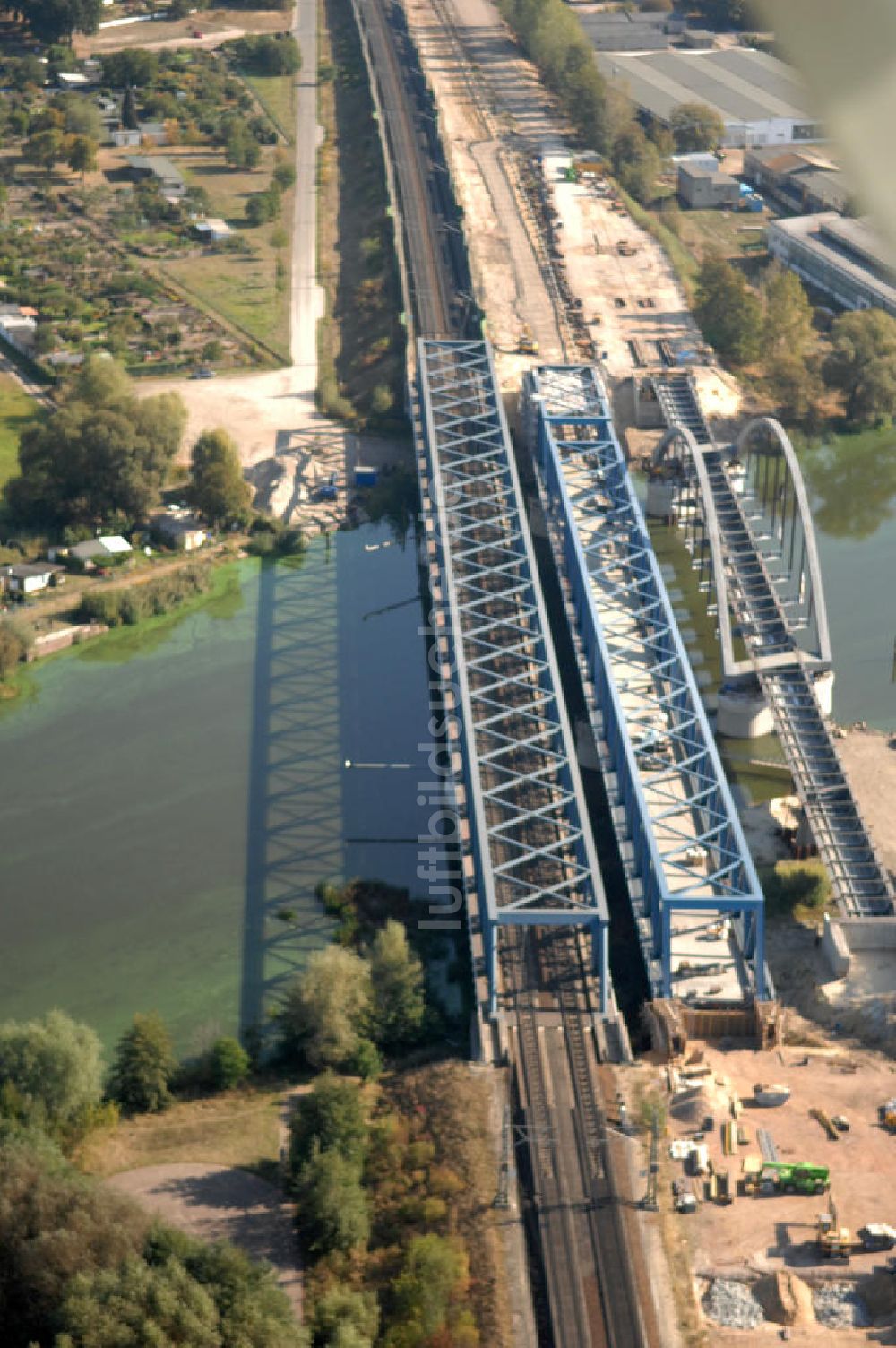 RATHENOW von oben - Neubau der Eisenbahnüberführung Havelbrücke Rathenow