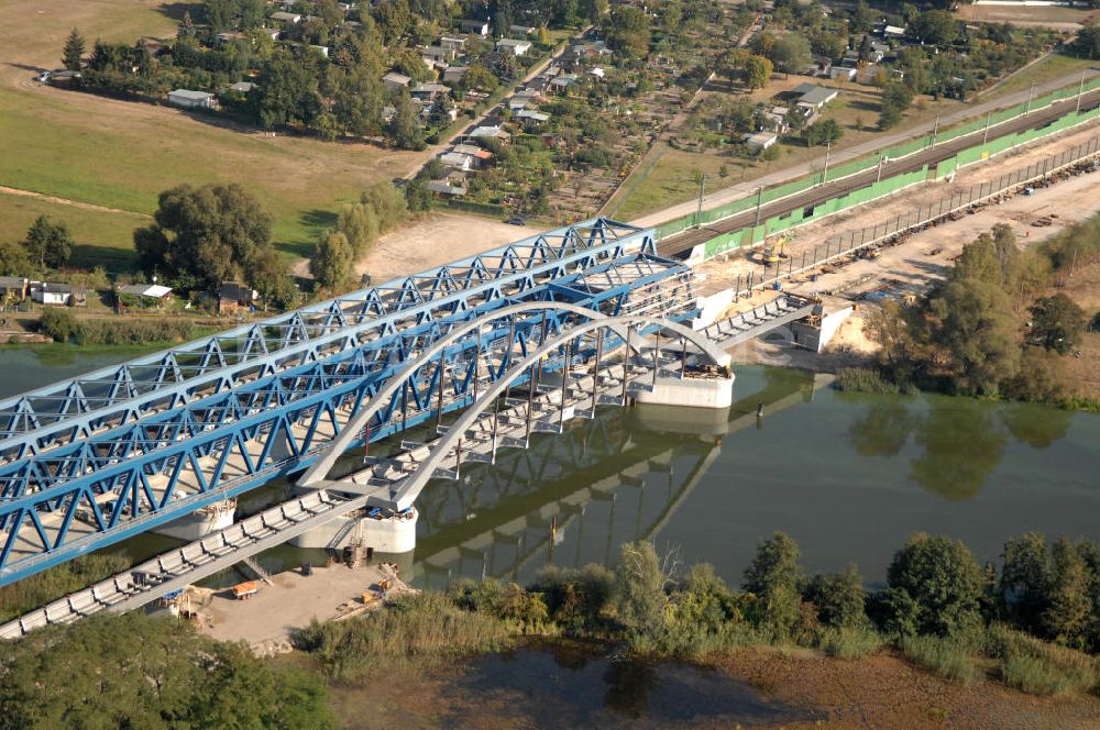 RATHENOW von oben - Neubau der Eisenbahnüberführung Havelbrücke Rathenow