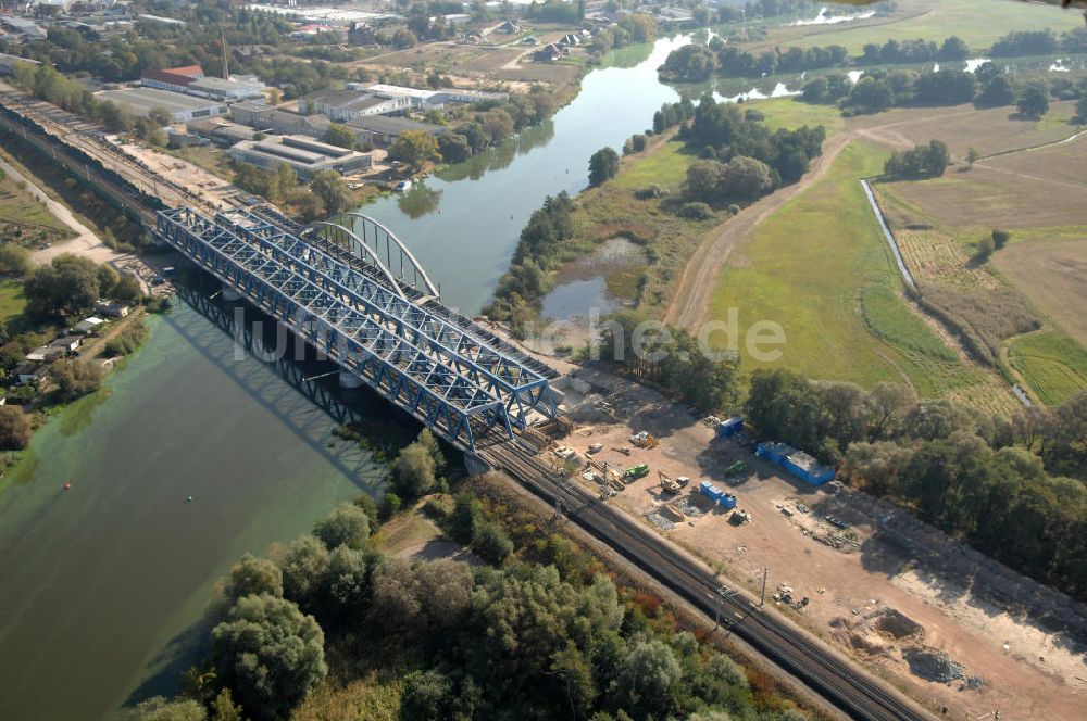 RATHENOW von oben - Neubau der Eisenbahnüberführung Havelbrücke Rathenow