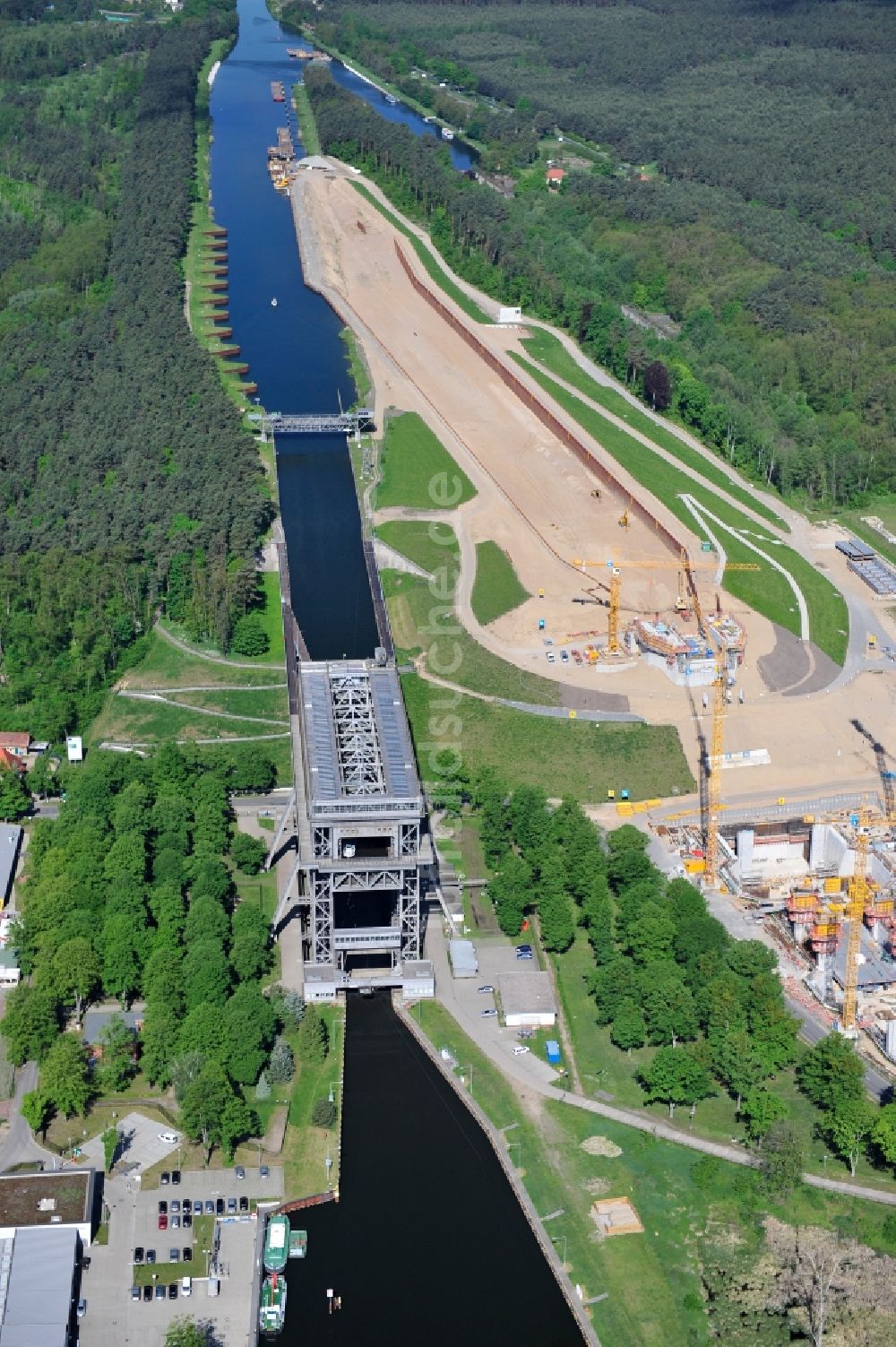 Luftaufnahme Niederfinow - Neubau und Erweiterungsbaustelle am Schiffshebewerk Niederfinow