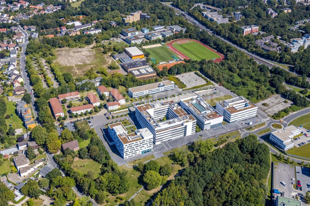 Bochum aus der Vogelperspektive: Neubau Gebäudekomplexes der Hochschule für Gesundheit am Gesundheitscampus in Bochum im Bundesland Nordrhein-Westfalen, Deutschland