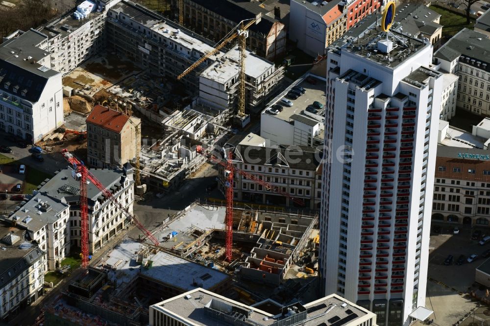 Leipzig von oben - Neubau des Hochhaus- Gebäudekomplexes der Leipziger Wohnungs- und Baugesellschaft (LWB) am Wintergartenhochhaus in Leipzig im Bundesland Sachsen