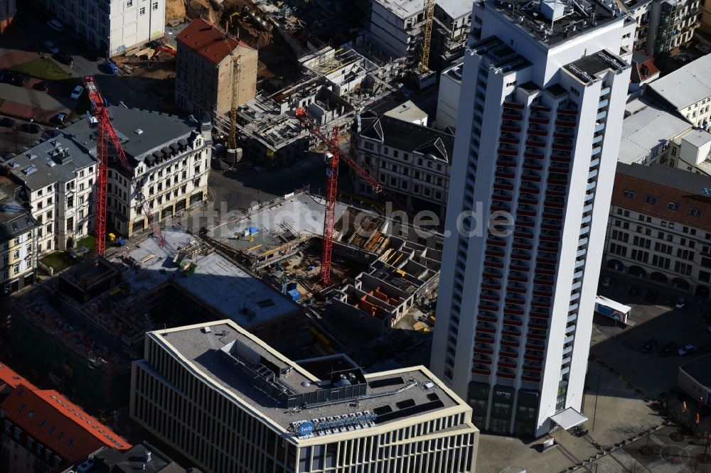 Luftaufnahme Leipzig - Neubau des Hochhaus- Gebäudekomplexes der Leipziger Wohnungs- und Baugesellschaft (LWB) am Wintergartenhochhaus in Leipzig im Bundesland Sachsen