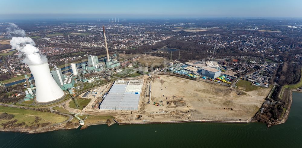 Duisburg von oben - Neubau eines Hochregal- Lager-Gebäudekomplex und Logistikzentrum auf dem Gelände des logport VI in Duisburg im Bundesland Nordrhein-Westfalen, Deutschland