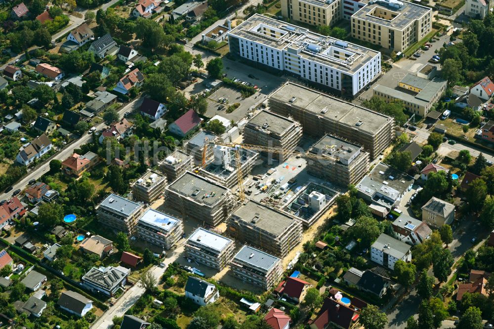 Berlin aus der Vogelperspektive: Neubau Holzbauprojekt und Mehrfamilienhaus-Wohnanlage im Ortsteil Kaulsdorf in Berlin, Deutschland