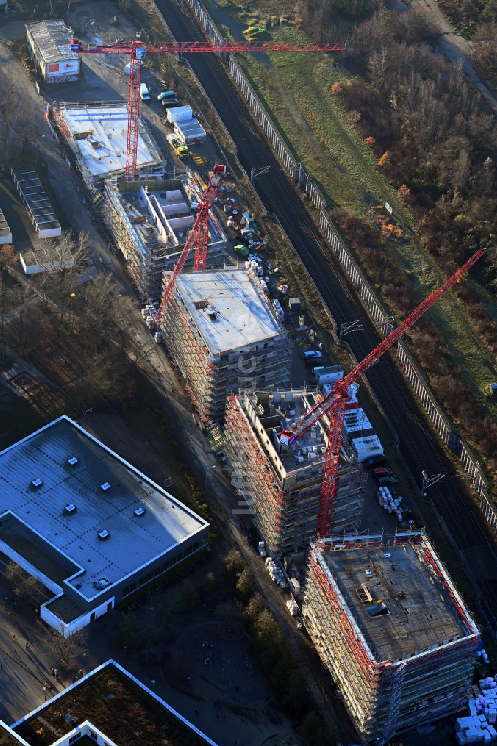 Luftaufnahme Leipzig - Neubau einer Mehrfamilienhaus-Wohnanlage Dösner Weg in Leipzig im Bundesland Sachsen, Deutschland