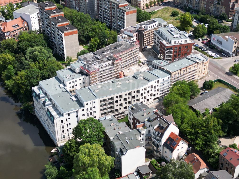 Luftaufnahme Halle (Saale) - Neubau einer Mehrfamilienhaus-Wohnanlage Freyberg Brauerei in Halle (Saale) im Bundesland Sachsen-Anhalt, Deutschland