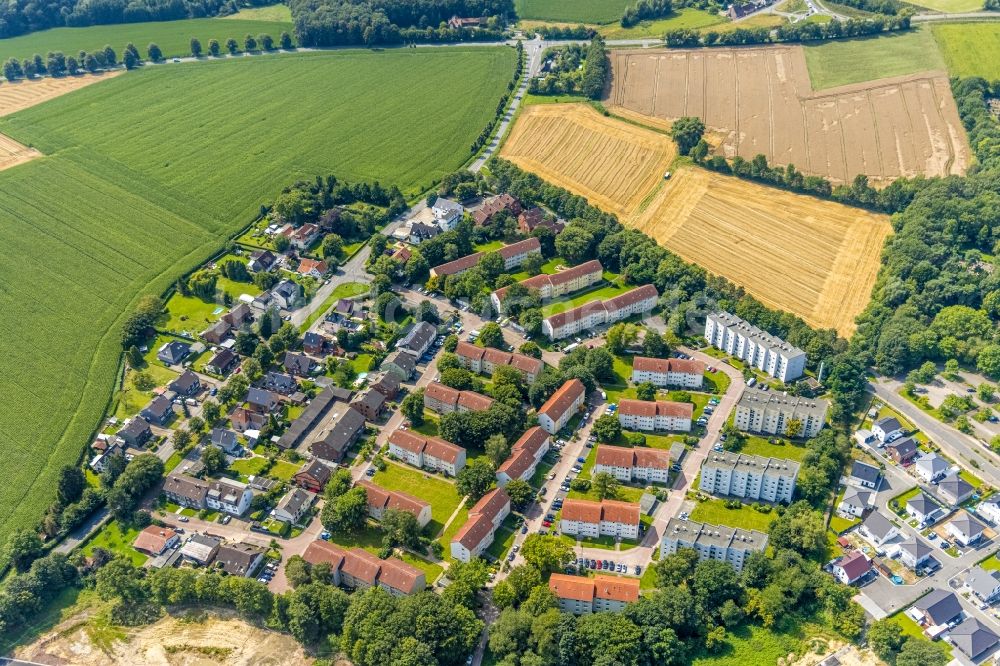 Bergkamen von oben - Neubau einer Mehrfamilienhaus-Wohnanlage Neubausiedlung Heidegärten in Bergkamen im Bundesland Nordrhein-Westfalen, Deutschland