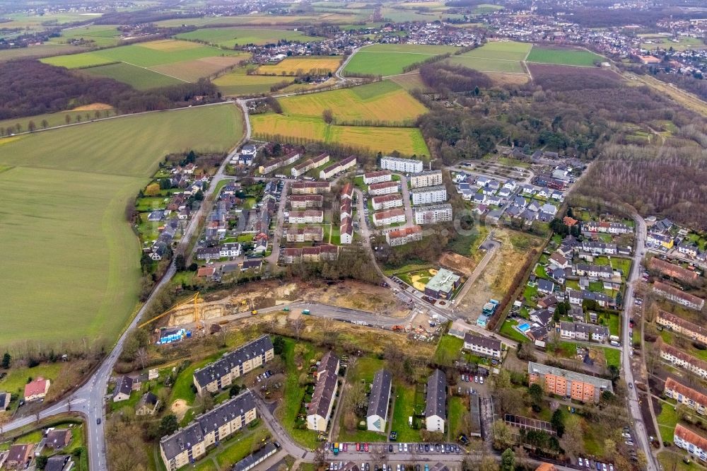 Luftaufnahme Bergkamen - Neubau einer Mehrfamilienhaus-Wohnanlage Neubausiedlung Heidegärten in Bergkamen im Bundesland Nordrhein-Westfalen, Deutschland