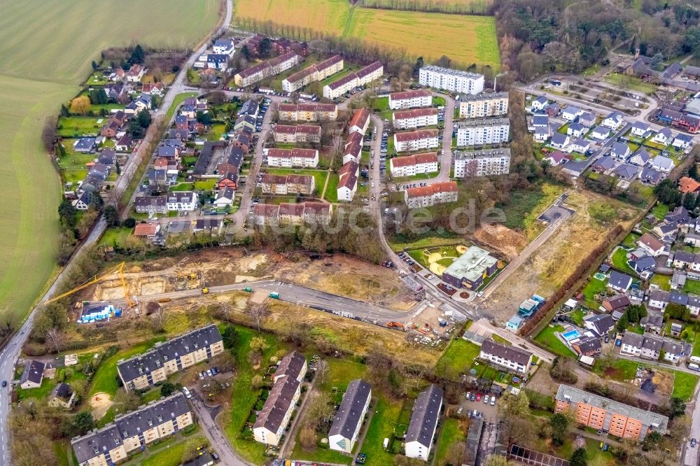 Luftaufnahme Bergkamen - Neubau einer Mehrfamilienhaus-Wohnanlage Neubausiedlung Heidegärten in Bergkamen im Bundesland Nordrhein-Westfalen, Deutschland